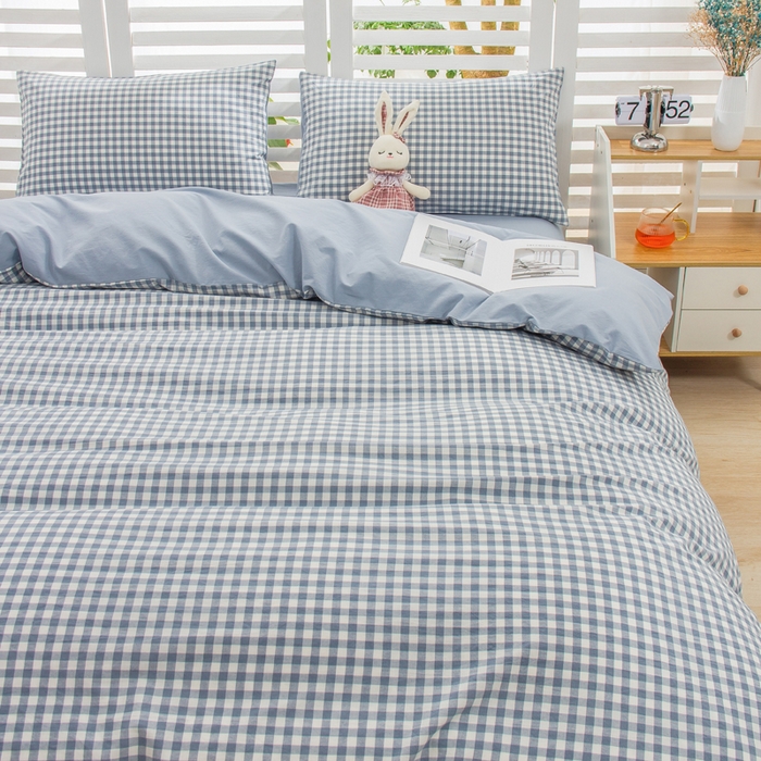 91家纺网 家纺一手货源 找家纺 柠萌家居 2024新款无印风A类全棉色织水洗棉四件套 蓝小格