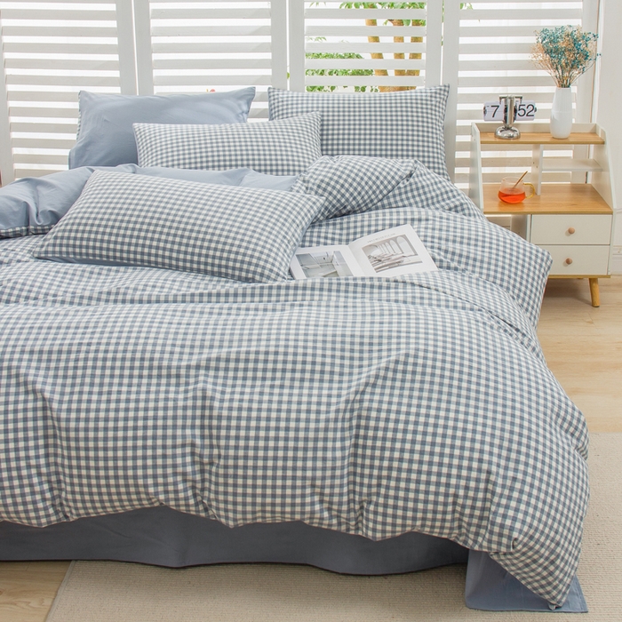 91家纺网 家纺一手货源 找家纺 柠萌家居 2024新款无印风A类全棉色织水洗棉四件套 蓝小格