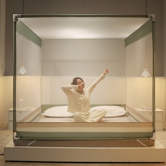 91家纺网 家纺一手货源 找家纺 佳梦家纺 2023新款方顶印花坐床蚊帐 知夏-香草绿