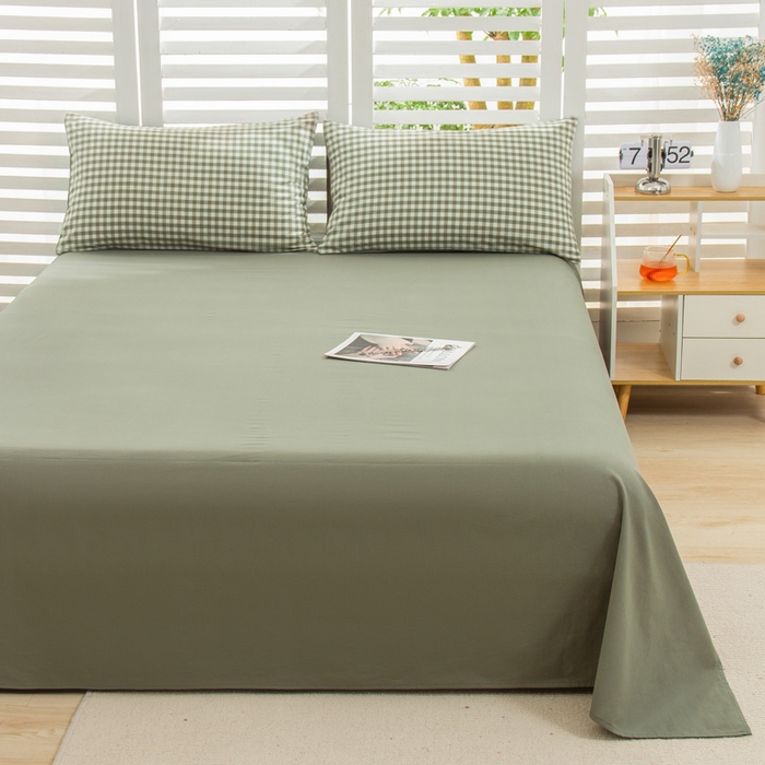 91家纺网 家纺一手货源 找家纺 柠萌家居 2024新款无印风A类全棉色织水洗棉四件套 小格绿