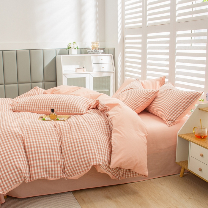 91家纺网 家纺一手货源 找家纺 柠萌家居 2024新款无印风A类全棉色织水洗棉四件套 蜜粉格