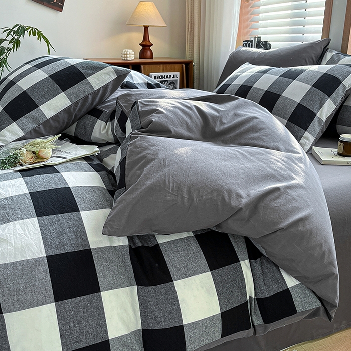 91家纺网 家纺一手货源 找家纺 柠萌家居 2024新款无印风A类全棉色织水洗棉四件套 留恋时光-黑