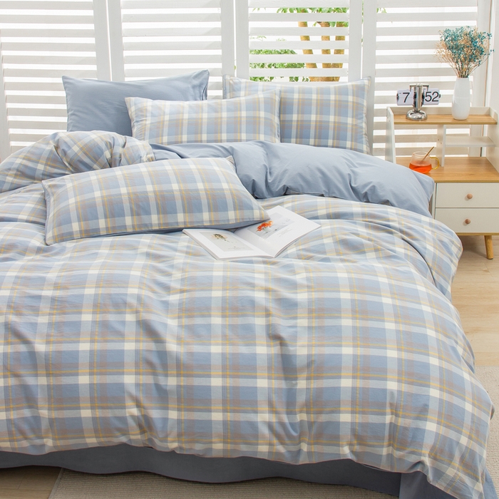 91家纺网 家纺一手货源 找家纺 柠萌家居 2024新款无印风A类全棉色织水洗棉四件套 简兮兰