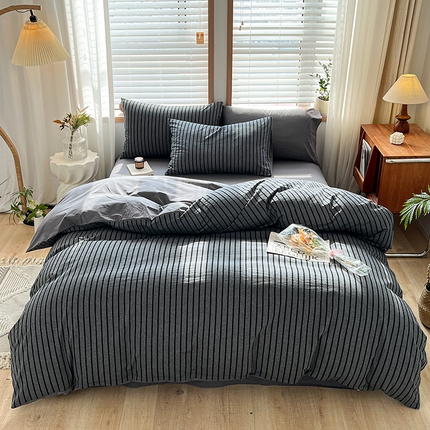 柠萌家居 2024新款无印风A类全棉色织水洗棉四件套 白日梦想家-黑