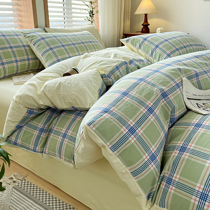 91家纺网 家纺一手货源 找家纺 柠萌家居 2024新款无印风A类全棉色织水洗棉四件套 麦凯-绿