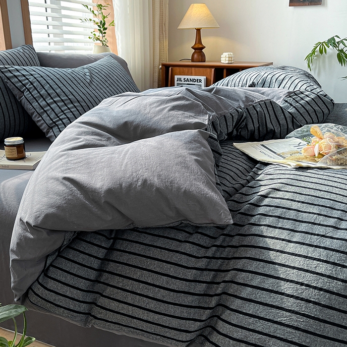 91家纺网 家纺一手货源 找家纺 柠萌家居 2024新款无印风A类全棉色织水洗棉四件套 白日梦想家-黑