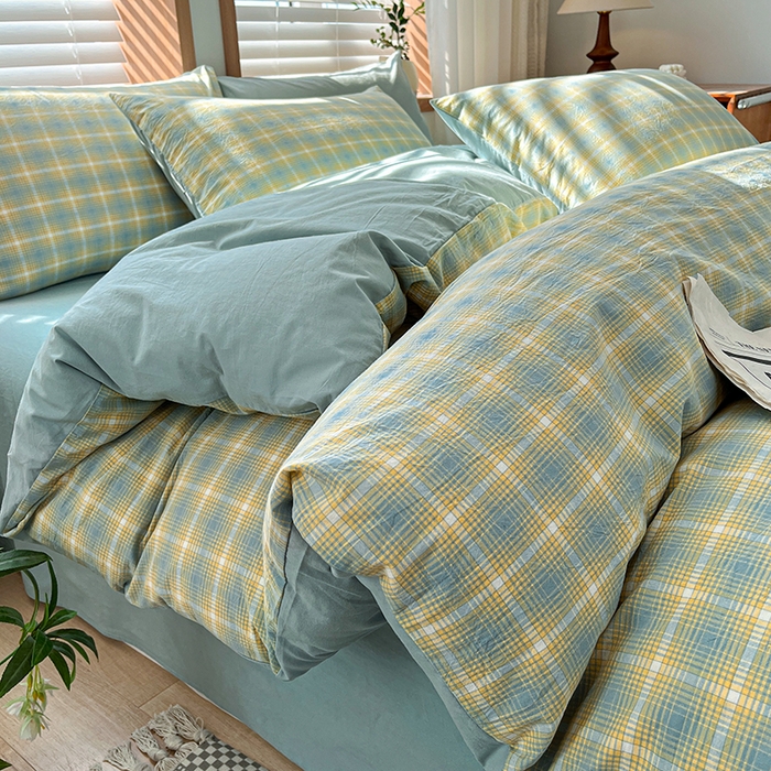 91家纺网 家纺一手货源 找家纺 柠萌家居 2024新款无印风A类全棉色织水洗棉四件套 舒雅风情-黄