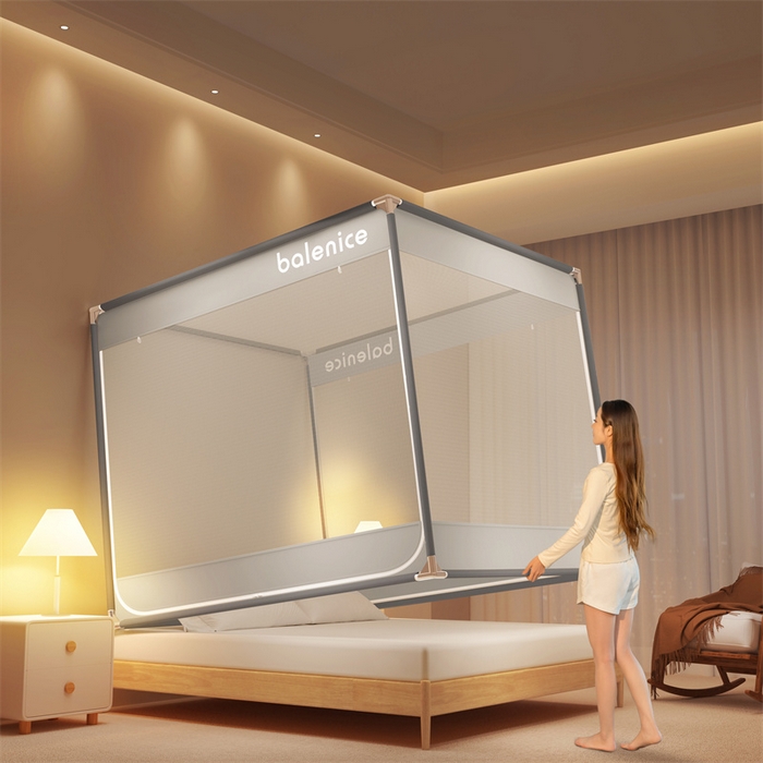 91家纺网 家纺一手货源 找家纺 佳梦家纺 2024新款方顶坐床蚊帐系列 光年系列 光年灰