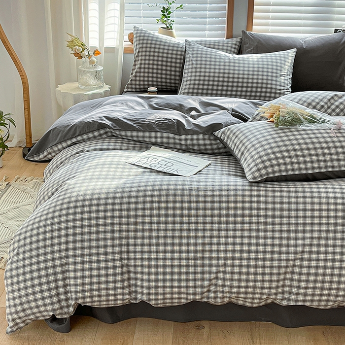 91家纺网 家纺一手货源 找家纺 柠萌家居 2024新款无印风A类全棉色织水洗棉四件套 尚品-灰