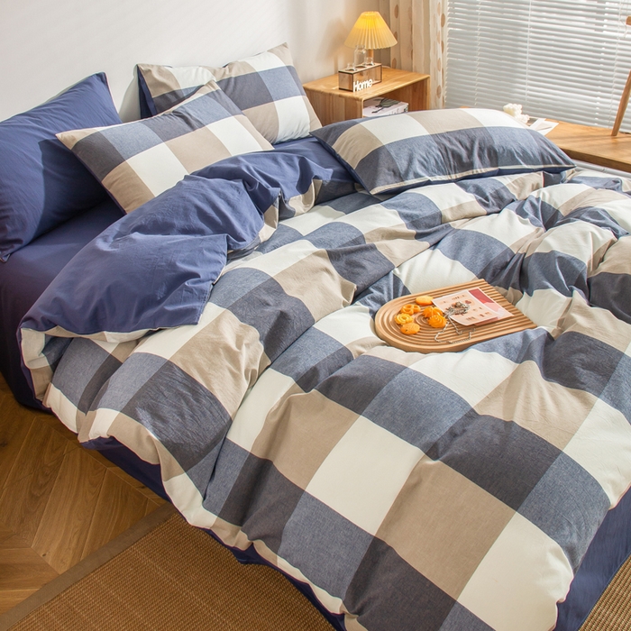 91家纺网 家纺一手货源 找家纺 柠萌家居 2024新款无印风A类全棉色织水洗棉四件套 蓝调格