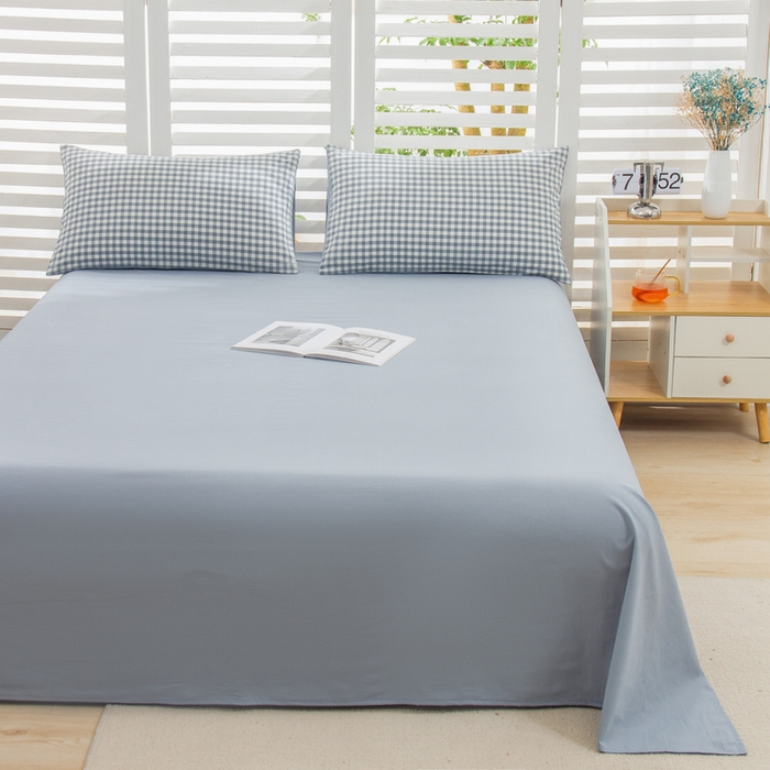 91家纺网 家纺一手货源 找家纺 柠萌家居 2024新款无印风A类全棉色织水洗棉四件套 蓝小格