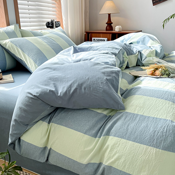 91家纺网 家纺一手货源 找家纺 柠萌家居 2024新款无印风A类全棉色织水洗棉四件套 初享时光-浅蓝