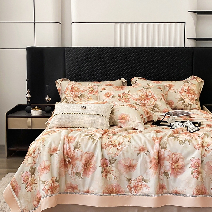 91家纺网 家纺一手货源 找家纺 娇逸家居 2025新款50支莱赛尔镂空花边印花天丝夏被 落雪-玉