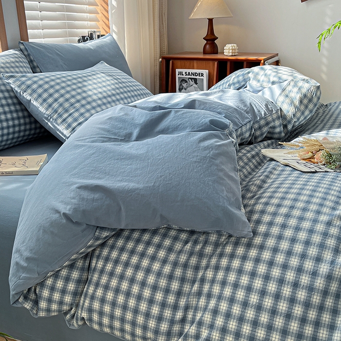 91家纺网 家纺一手货源 找家纺 柠萌家居 2024新款无印风A类全棉色织水洗棉四件套 尚品-蓝