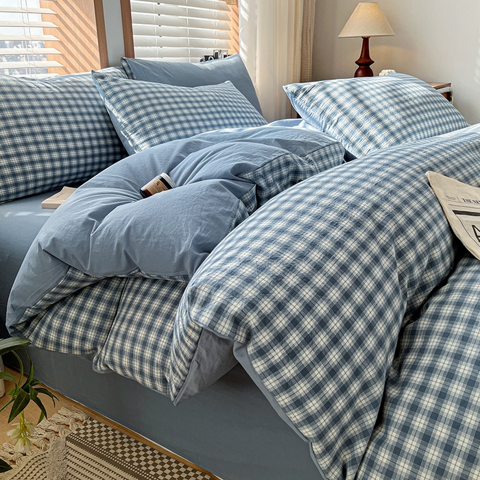 91家纺网 家纺一手货源 找家纺 柠萌家居 2024新款无印风A类全棉色织水洗棉四件套 尚品-蓝