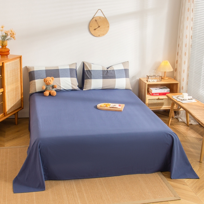 91家纺网 家纺一手货源 找家纺 柠萌家居 2024新款无印风A类全棉色织水洗棉四件套 蓝调格