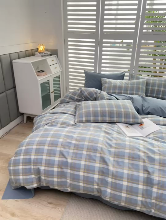 91家纺网 家纺一手货源 找家纺 柠萌家居 2024新款无印风A类全棉色织水洗棉四件套 简兮兰