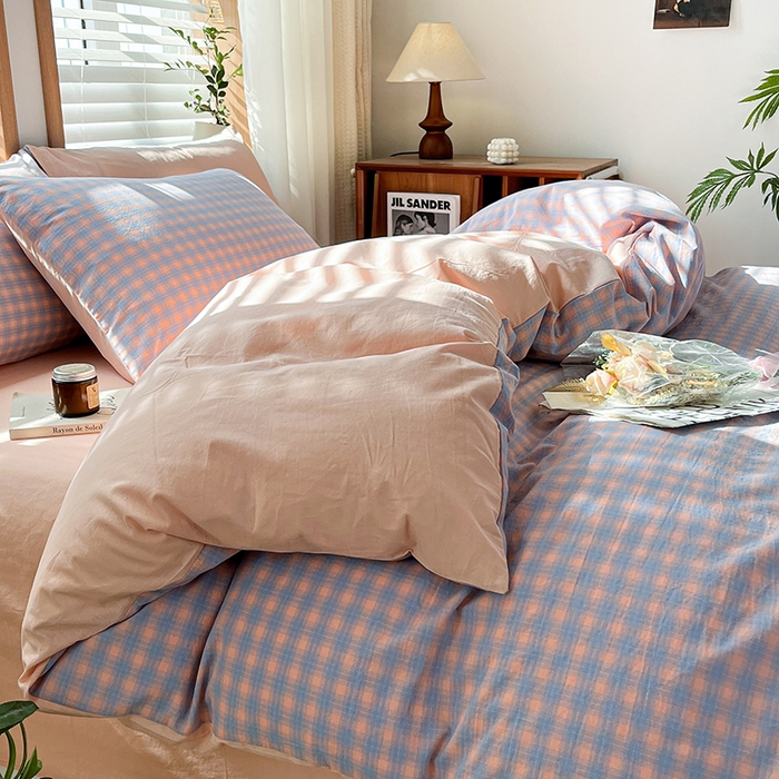 91家纺网 家纺一手货源 找家纺 柠萌家居 2024新款无印风A类全棉色织水洗棉四件套 星辰-蓝桔