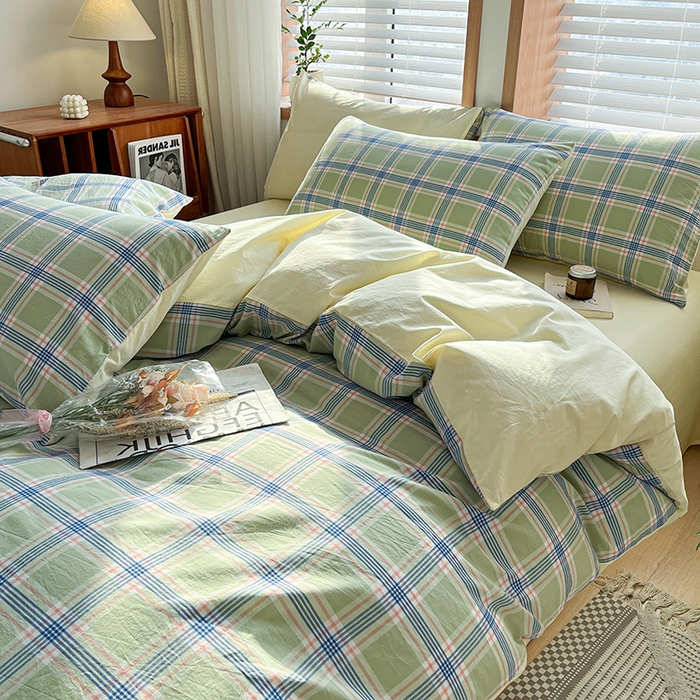 91家纺网 家纺一手货源 找家纺 柠萌家居 2024新款无印风A类全棉色织水洗棉四件套 麦凯-绿