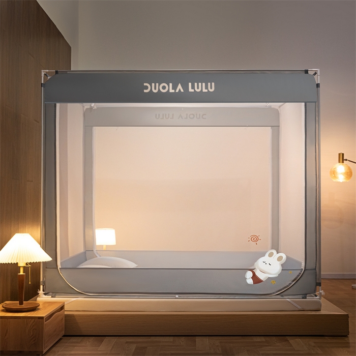 91家纺网 家纺一手货源 找家纺 佳梦家纺 2023新款方顶烫画坐床蚊帐 LULU-丁香灰