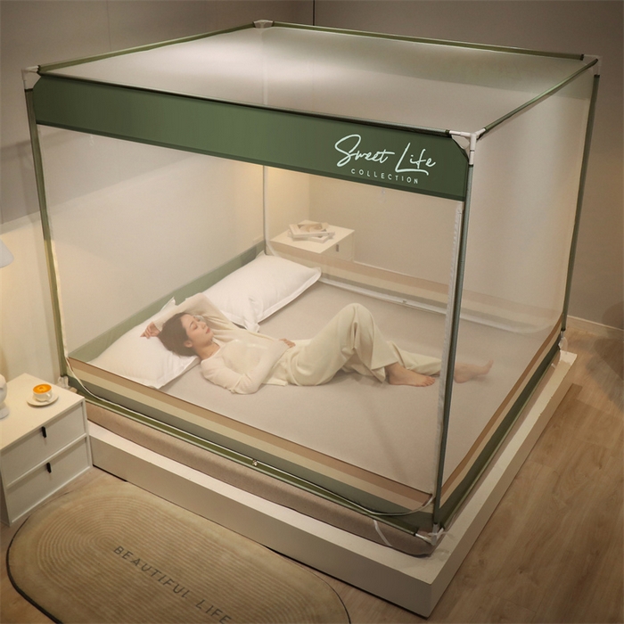 91家纺网 家纺一手货源 找家纺 佳梦家纺 2023新款方顶印花坐床蚊帐 知夏-香草绿