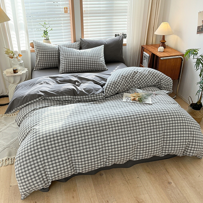 91家纺网 家纺一手货源 找家纺 柠萌家居 2024新款无印风A类全棉色织水洗棉四件套 尚品-灰