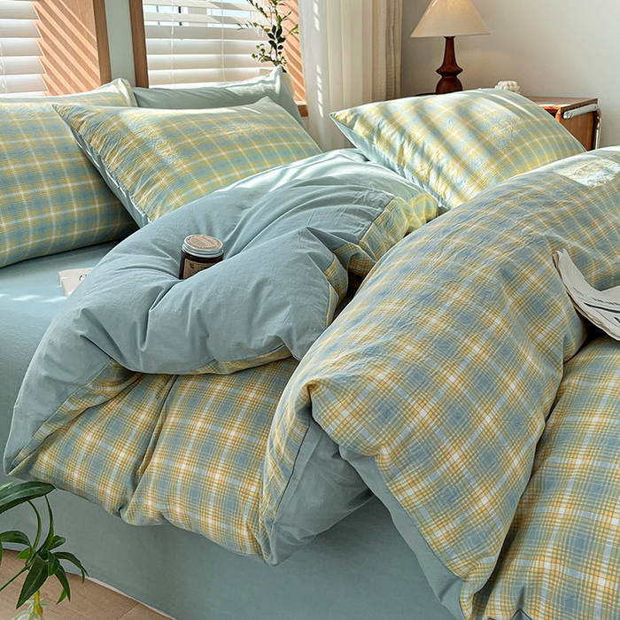 91家纺网 家纺一手货源 找家纺 柠萌家居 2024新款无印风A类全棉色织水洗棉四件套 舒雅风情-黄