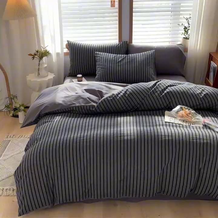 91家纺网 家纺一手货源 找家纺 柠萌家居 2024新款无印风A类全棉色织水洗棉四件套 白日梦想家-黑