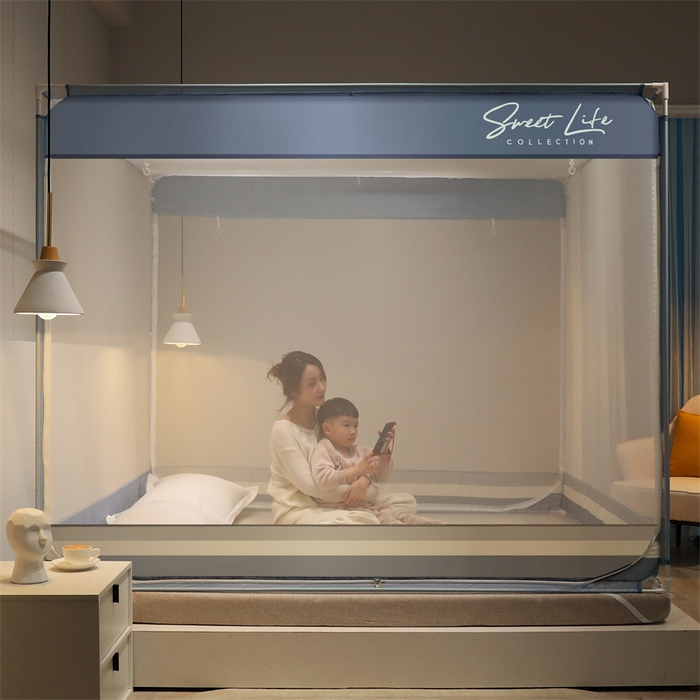 91家纺网 家纺一手货源 找家纺 佳梦家纺 2023新款方顶印花坐床蚊帐 知夏-黎明蓝