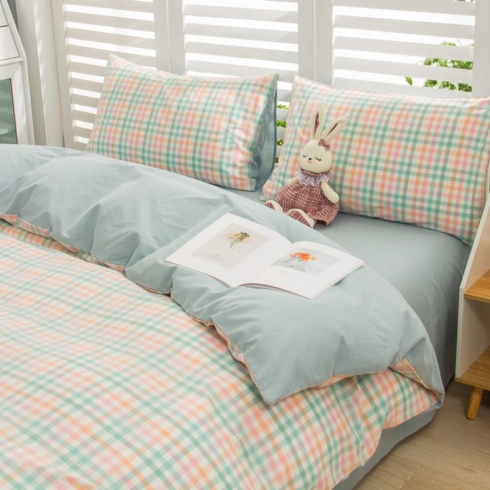 91家纺网 家纺一手货源 找家纺 柠萌家居 2024新款无印风A类全棉色织水洗棉四件套 冰激凌绿