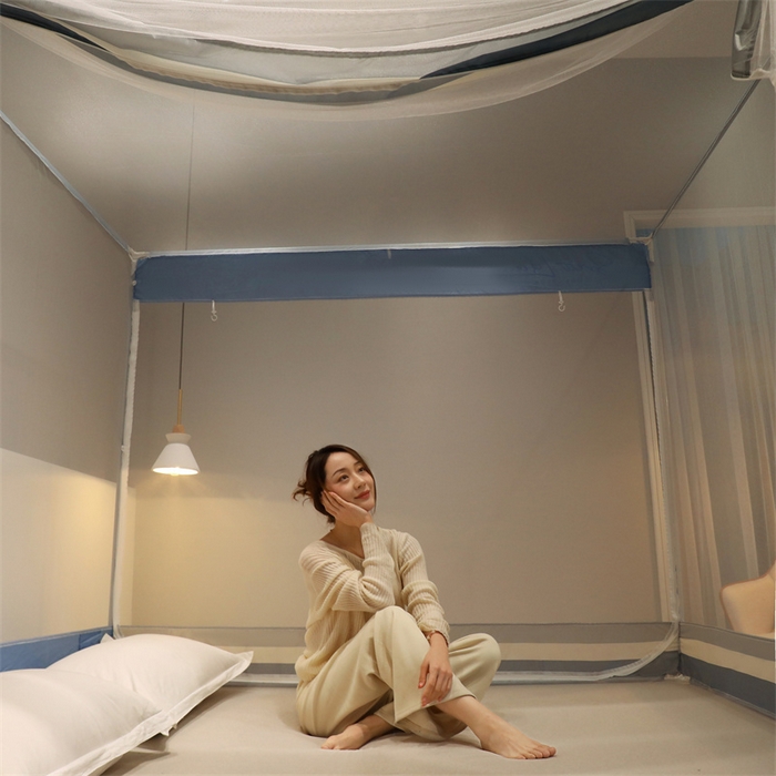 91家纺网 家纺一手货源 找家纺 佳梦家纺 2023新款方顶印花坐床蚊帐 知夏-黎明蓝