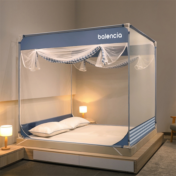 91家纺网 家纺一手货源 找家纺 佳梦家纺 2023新款方顶印花坐床蚊帐 夏日蓝