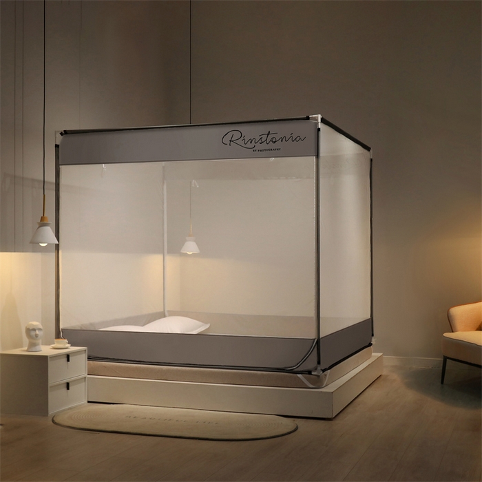 91家纺网 家纺一手货源 找家纺 佳梦家纺 2023新款方顶印花坐床蚊帐 恋家-灰色