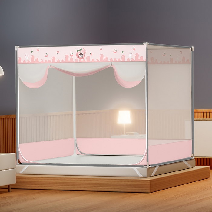 91家纺网 家纺一手货源 找家纺 佳梦家纺 2023新款方顶印花坐床蚊帐 蜜桃小雅