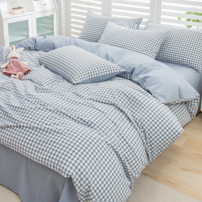 91家纺网 家纺一手货源 找家纺 柠萌家居 2024新款无印风A类全棉色织水洗棉四件套 蓝小格