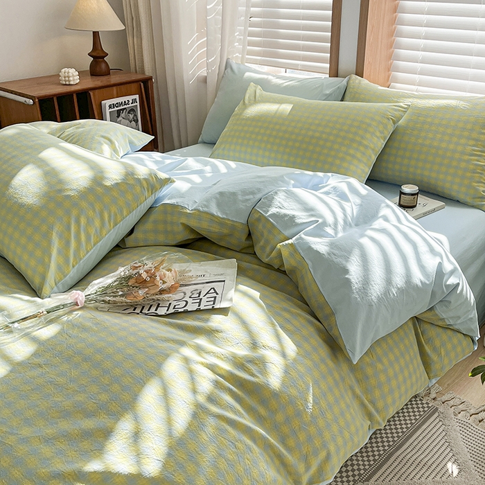 91家纺网 家纺一手货源 找家纺 柠萌家居 2024新款无印风A类全棉色织水洗棉四件套 星辰-蓝黄