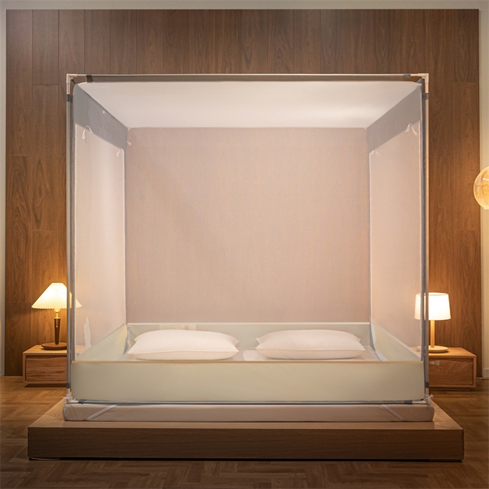 91家纺网 家纺一手货源 找家纺 佳梦家纺 2023新款方顶烫画坐床蚊帐 LULU-奶油黄