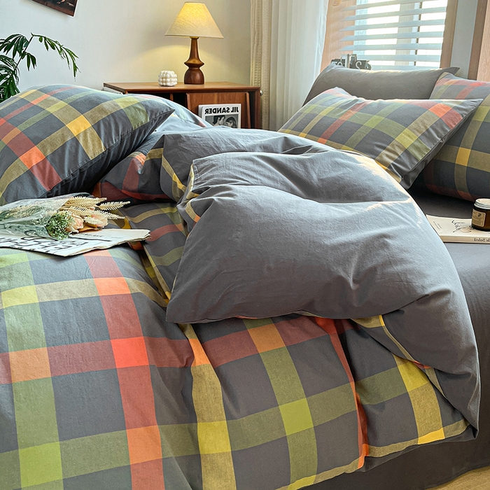 91家纺网 家纺一手货源 找家纺 柠萌家居 2024新款无印风A类全棉色织水洗棉四件套 雅蒂-灰