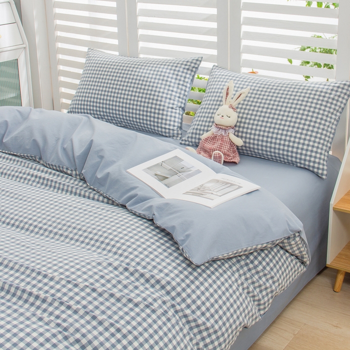 91家纺网 家纺一手货源 找家纺 柠萌家居 2024新款无印风A类全棉色织水洗棉四件套 蓝小格