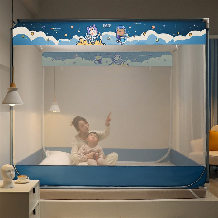 91家纺网 家纺一手货源 找家纺 佳梦家纺 2023新款方顶印花坐床蚊帐 漫游星空