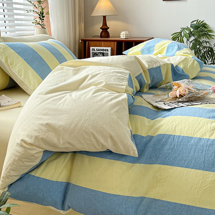 91家纺网 家纺一手货源 找家纺 柠萌家居 2024新款无印风A类全棉色织水洗棉四件套 初享时光-兰