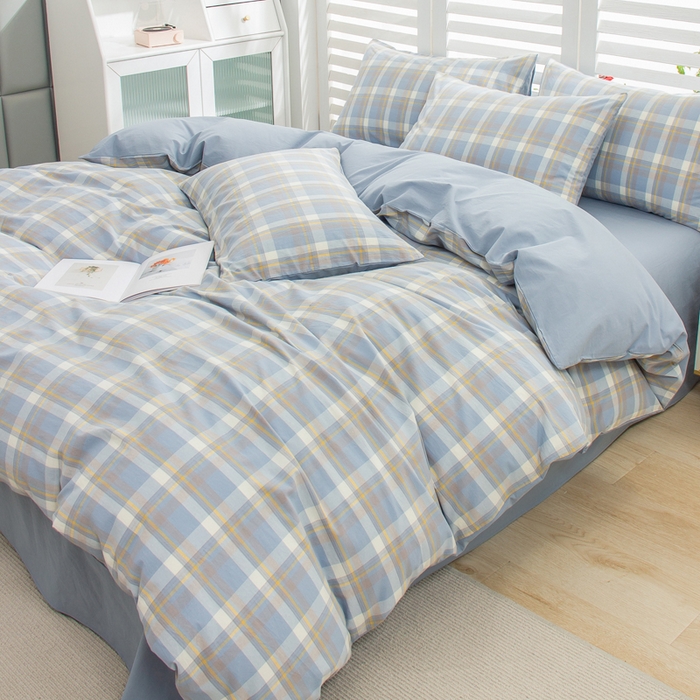 91家纺网 家纺一手货源 找家纺 柠萌家居 2024新款无印风A类全棉色织水洗棉四件套 简兮兰