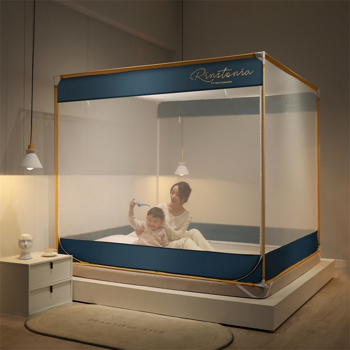 91家纺网 家纺一手货源 找家纺 佳梦家纺 2023新款方顶印花坐床蚊帐 恋家-蓝