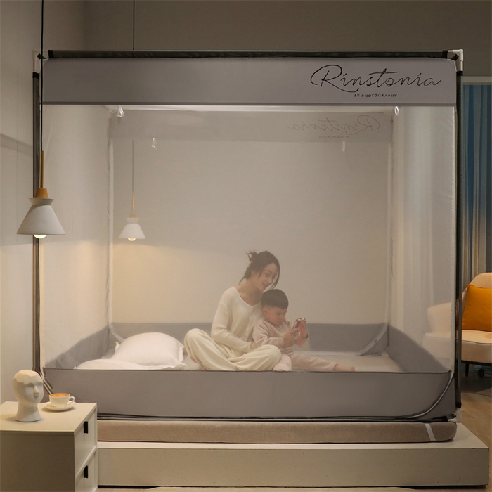 91家纺网 家纺一手货源 找家纺 佳梦家纺 2023新款方顶印花坐床蚊帐 恋家-灰色