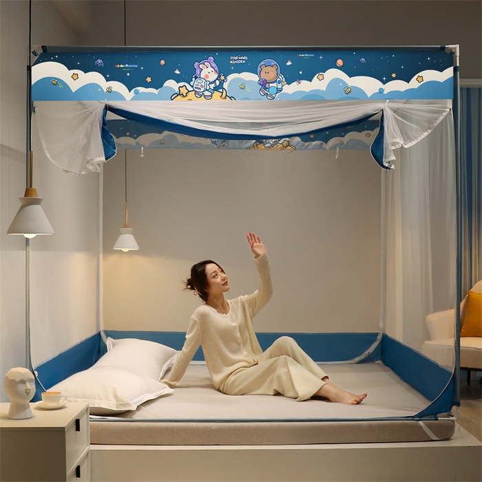 91家纺网 家纺一手货源 找家纺 佳梦家纺 2023新款方顶印花坐床蚊帐 漫游星空