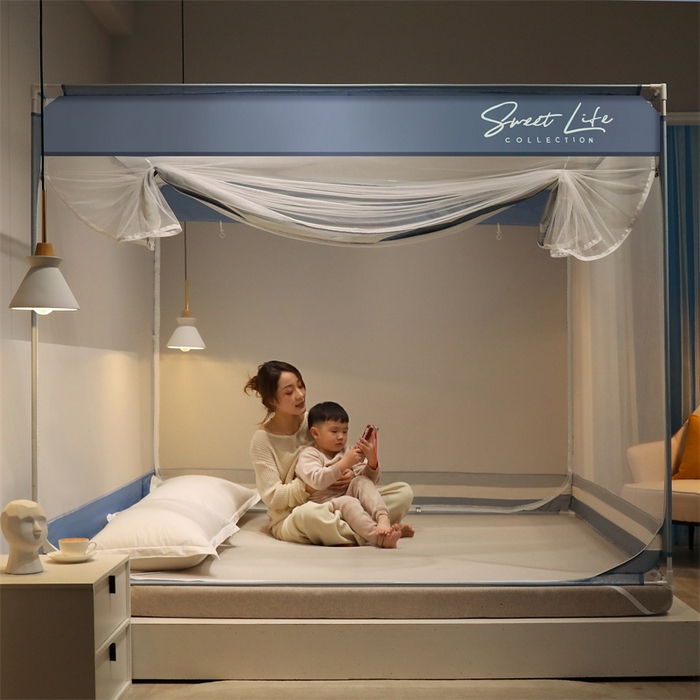 91家纺网 家纺一手货源 找家纺 佳梦家纺 2023新款方顶印花坐床蚊帐 知夏-黎明蓝