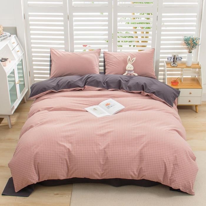 91家纺网 家纺一手货源 找家纺 柠萌家居 2024新款无印风A类全棉色织水洗棉四件套 丁香粉格