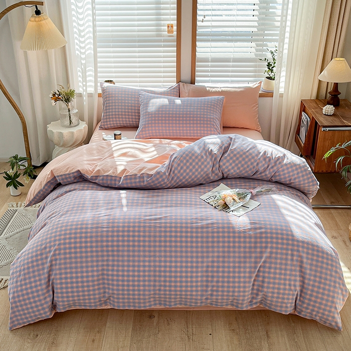 91家纺网 家纺一手货源 找家纺 柠萌家居 2024新款无印风A类全棉色织水洗棉四件套 星辰-蓝桔