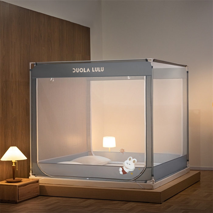 91家纺网 家纺一手货源 找家纺 佳梦家纺 2023新款方顶烫画坐床蚊帐 LULU-丁香灰