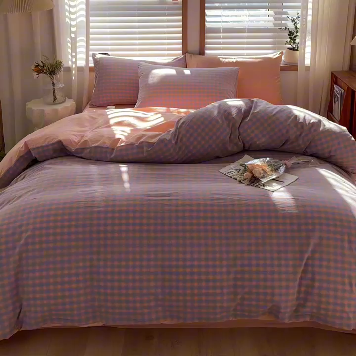 91家纺网 家纺一手货源 找家纺 柠萌家居 2024新款无印风A类全棉色织水洗棉四件套 星辰-蓝桔